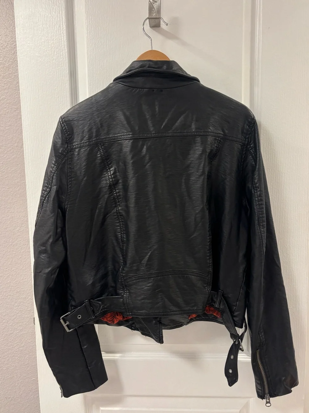 Free People Vegan Leather Black Classic Moto Jacket Red Paisley Lining Bikercore